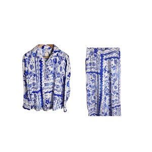 Joie  Linen Blue &White mixed Floral abstract Shirt & Pants Set with pockets